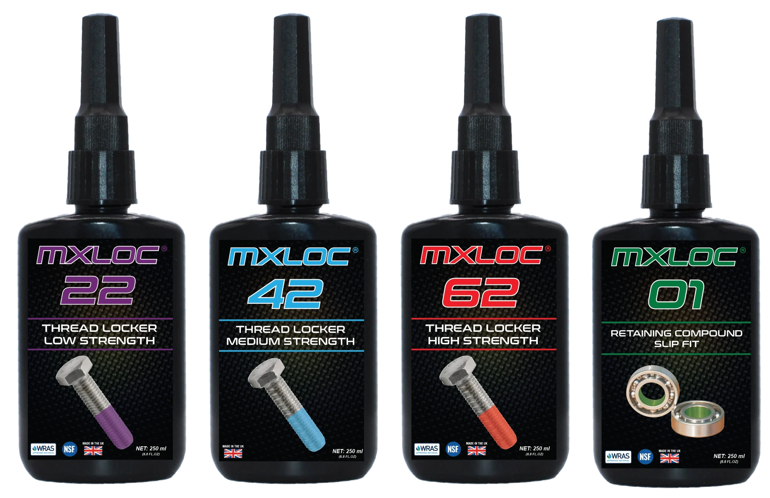 MXLOC Adhesives. Image shows 22,42,62 an 01 bottles on a transparent background.